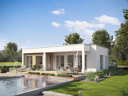 weißer Bungalow mit Flachdach