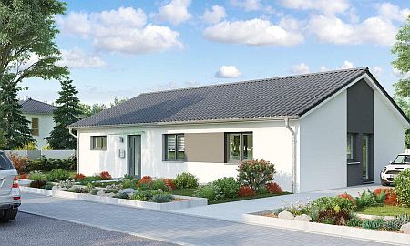 Weißer Bungalow mit grauem satteldach