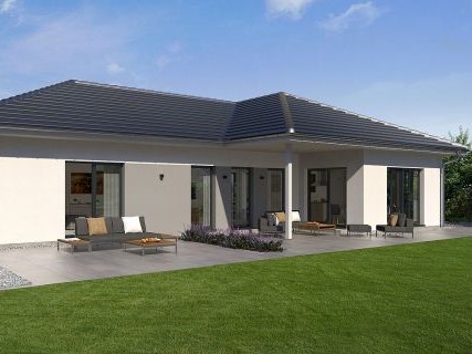 Winkelbungalow mit greuem Walmdach