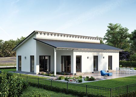 Weißer Bungalow mit zwei Pultdächern