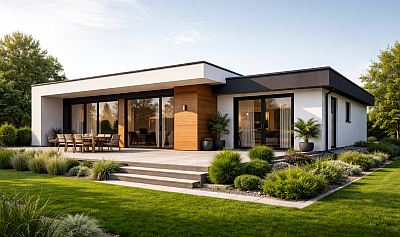 Moderner Bungalow mit weißer Fassade und Flachdach