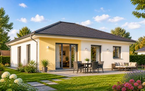 Moderner Bungalow mit heller Fassade und Garten - Beispiel für ebenerdiges Wohnen beim Hausbau
