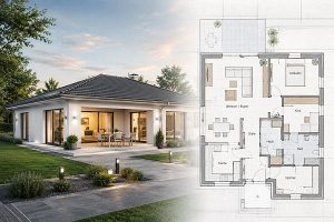 Moderner Bungalow mit integriertem Grundriss zur Planung für Wohnkonzepte