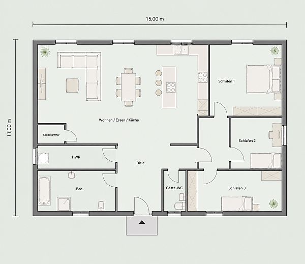 Großzügiger Bungalow Grundriss über 140 qm mit modernem Wohnkonzept