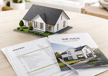 Modellhaus mit Hauskatalog und Angebot auf dem Tisch
