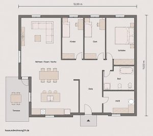 bungalow grundriss mitt 120 qm 4 zimmern und Terrasse