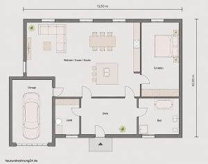 Grundriss eines 120 qm bungalows mit 2 zimmern und garage