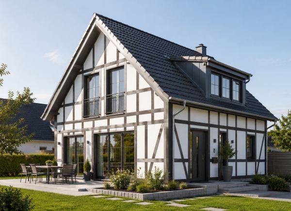 Gartenansicht eines modernen Fachwerhauses, mit grauer Balkenkonstruktion