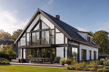modernes Fachwerkhaus mit grauem satteldach