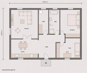 moderner bungalow 3 zimmer grundriss mit gästezimmer und großzügiger küche