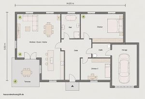 Bungalow grundriss mit 110 qm, 3 Zimmer, Garage Terrasse