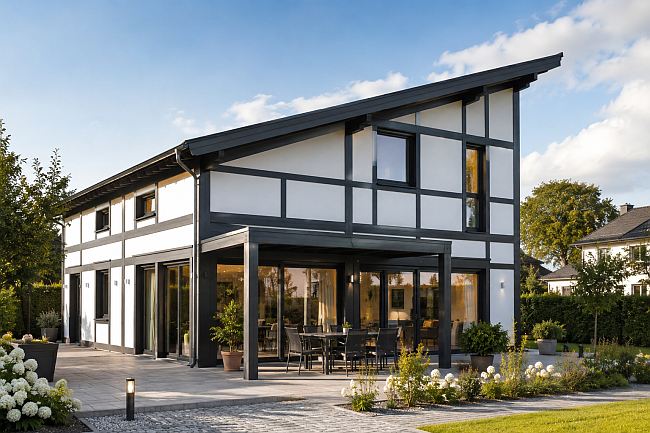 modernes Fachwerkhaus mit Pultdach und überdachter Terrasse