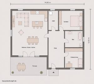 Bungalow Grundriss mit 3 Zimmern und terrasse, 140qm