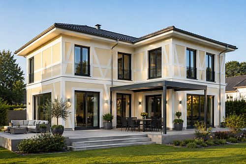 Stadtvilla fachwerkhaus mit gelber fassade und überdachter terrasse