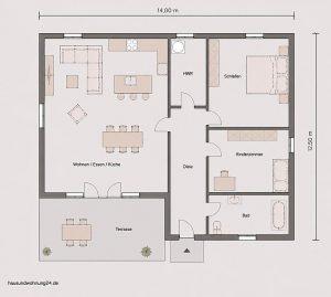 bungalow grundriss mit 140 qm wohnfläche , 3 zimmer und überdachter terrasse